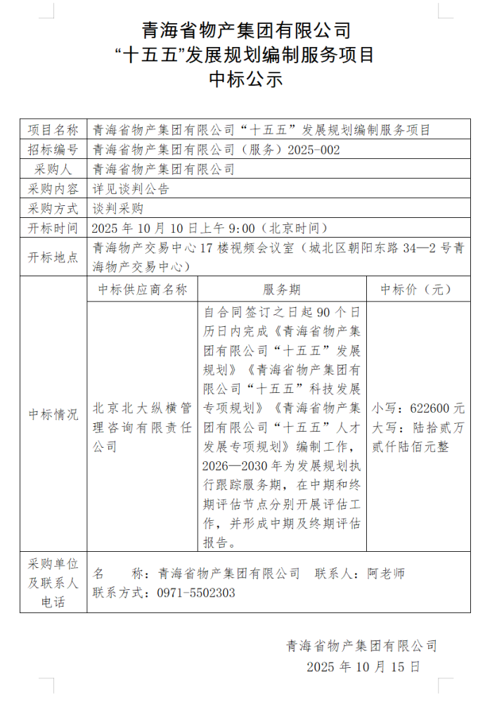 青海省物產(chǎn)集團有限公司 “十五五”發(fā)展規(guī)劃編制服務(wù)項目 中標(biāo)公示